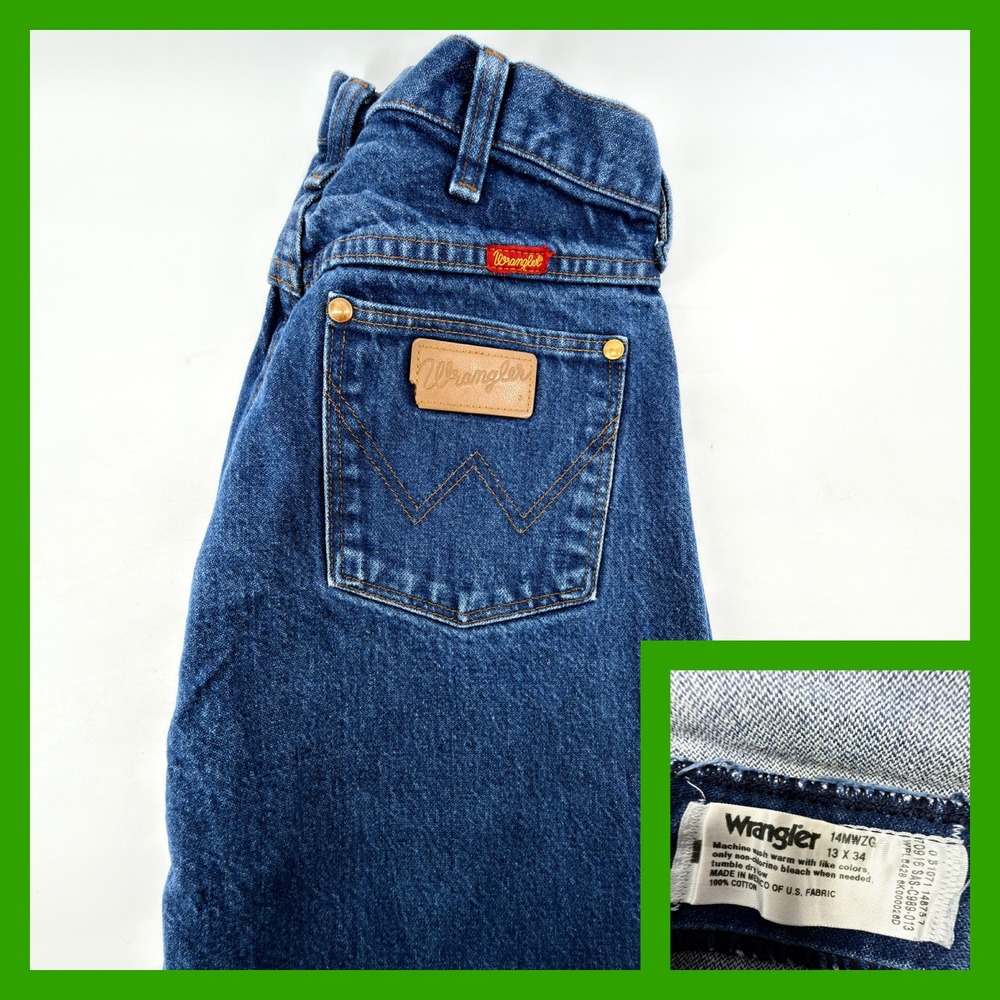 Vintage Wrangler 14MWZG Girls High Rise Jeans Cowboy Cut Blue Denim 13x34 Slim